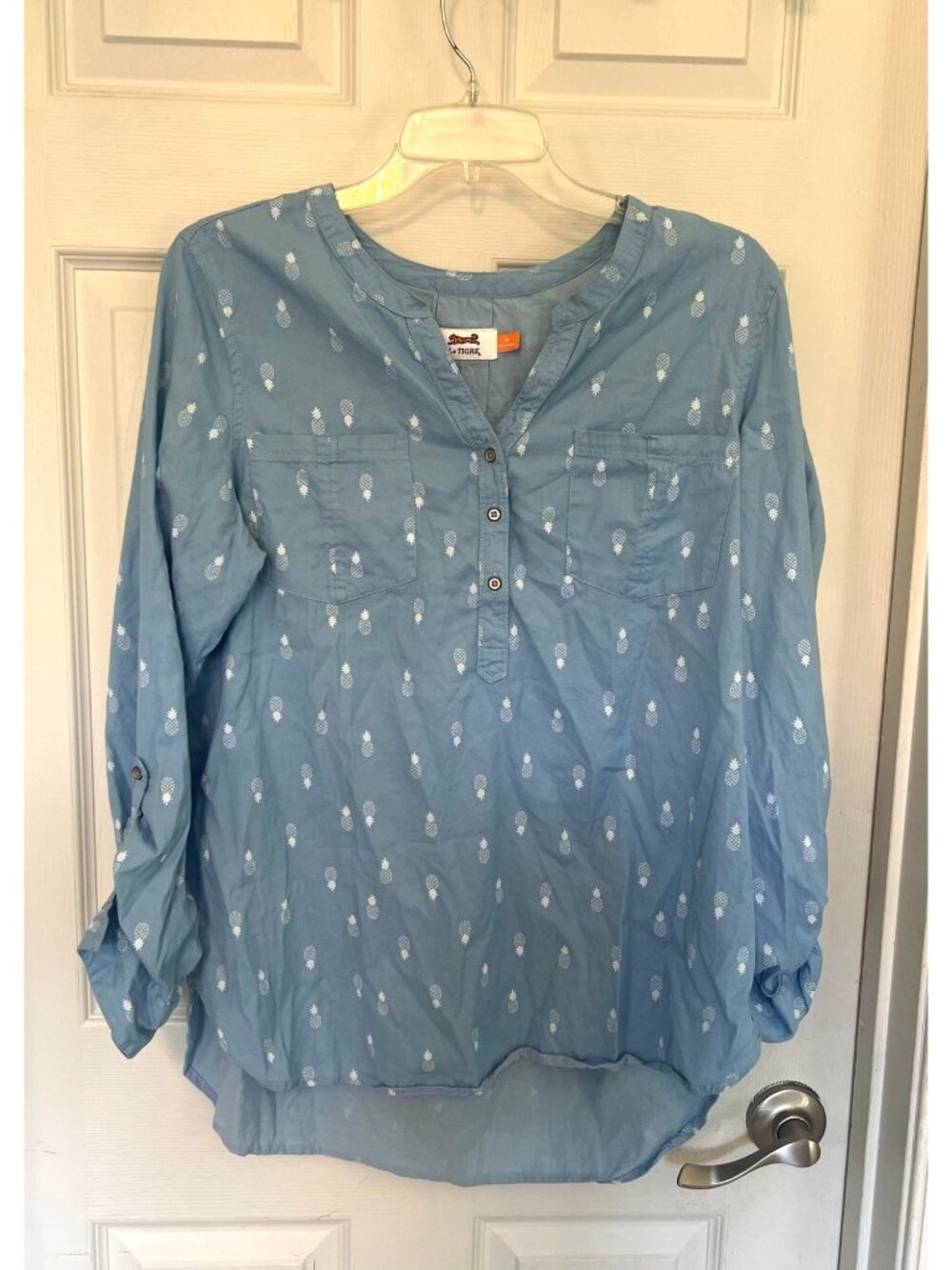 Le Tigre Blue Pullover Tunic Blouse Shirt Roll Tab Pockets Medium Pineapple